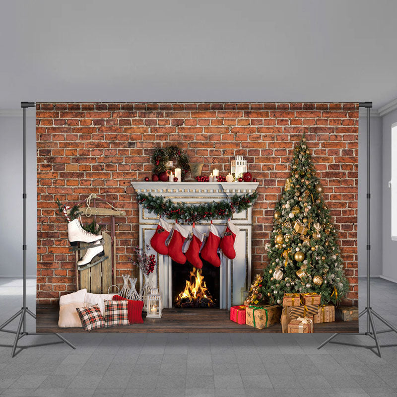 Aperturee - Warm Fireplace Stock Merry Christmas Backdrop