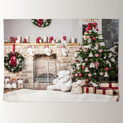 Aperturee - White Bear Fireplace Tree Gift Christmas Backdrop