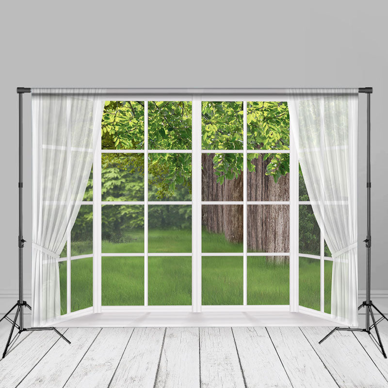 Aperturee - White Curtain Window Green Tree Spring Photo Backdrop