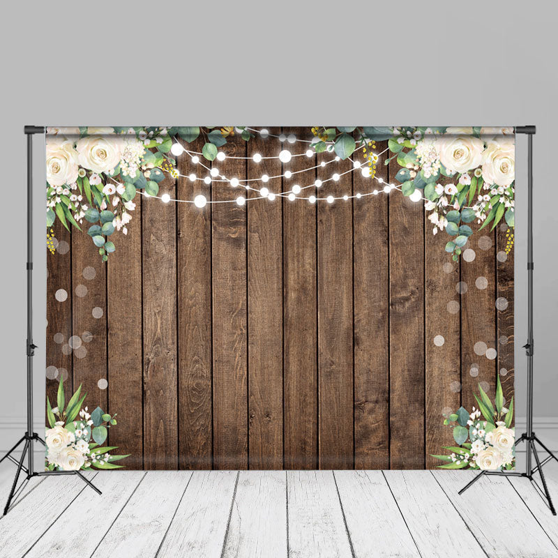 Aperturee - White Floral Brown Wood Wall Bokeh Photo Backdrop