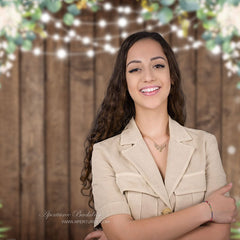 Aperturee - White Floral Brown Wood Wall Bokeh Photo Backdrop