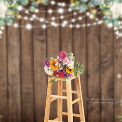 Aperturee - White Floral Brown Wood Wall Bokeh Photo Backdrop