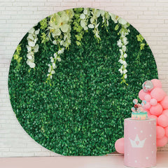 Aperturee - White Floral Green Leaves Round Birthday Backdrop