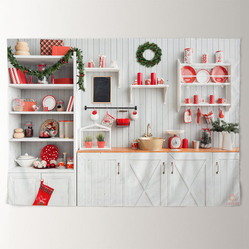 Aperturee - White Kitchen Holiday Decor Merry Christmas Backdrop