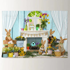 Aperturee - White Lighting Wall Floral Rabbit Easter Backdrop