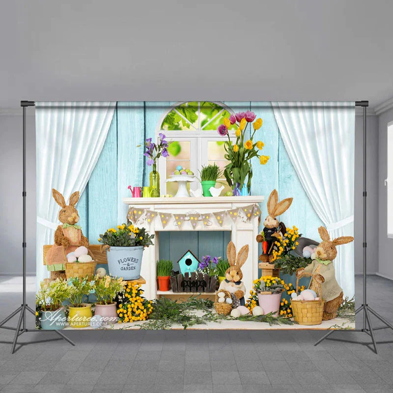 Aperturee - White Lighting Wall Floral Rabbit Easter Backdrop