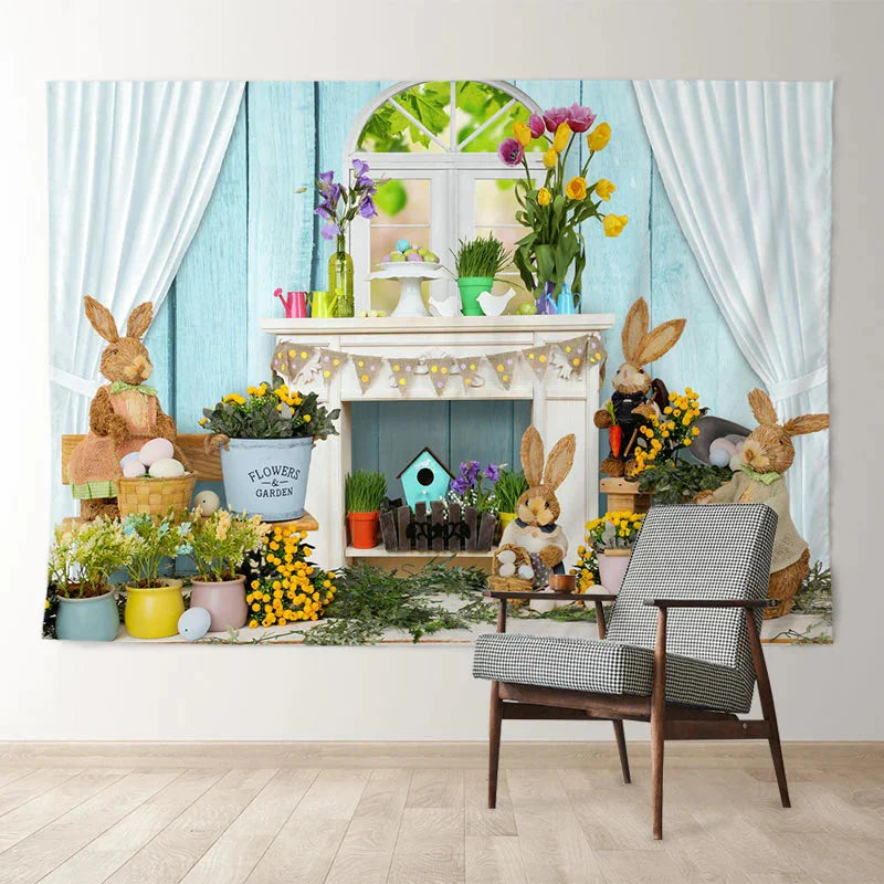 Aperturee - White Lighting Wall Floral Rabbit Easter Backdrop