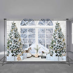 Aperturee - White Snow Tree Horse Window Christmas Backdrop