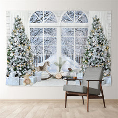 Aperturee - White Snow Tree Horse Window Christmas Backdrop