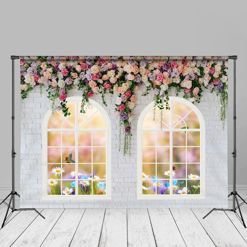 White Wall Pink Floral Spring Backdrop For Wedding - Aperturee