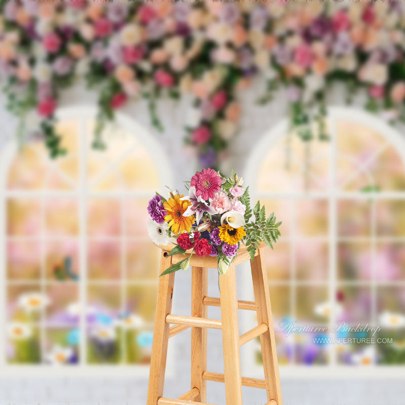 Aperturee - White Wall Pink Floral Spring Backdrop For Wedding