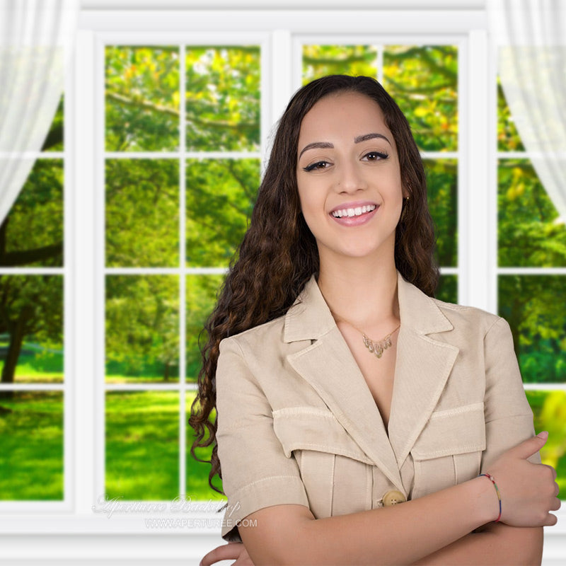 Aperturee - White Window Curtain Forest Spring Cloth Backdrop