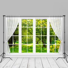 Aperturee - White Window Curtain Forest Spring Cloth Backdrop