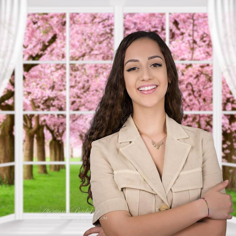 Aperturee - White Window Pink Floral Tree Grass Spring Backdrop