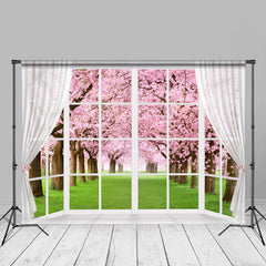 Aperturee - White Window Pink Floral Tree Grass Spring Backdrop