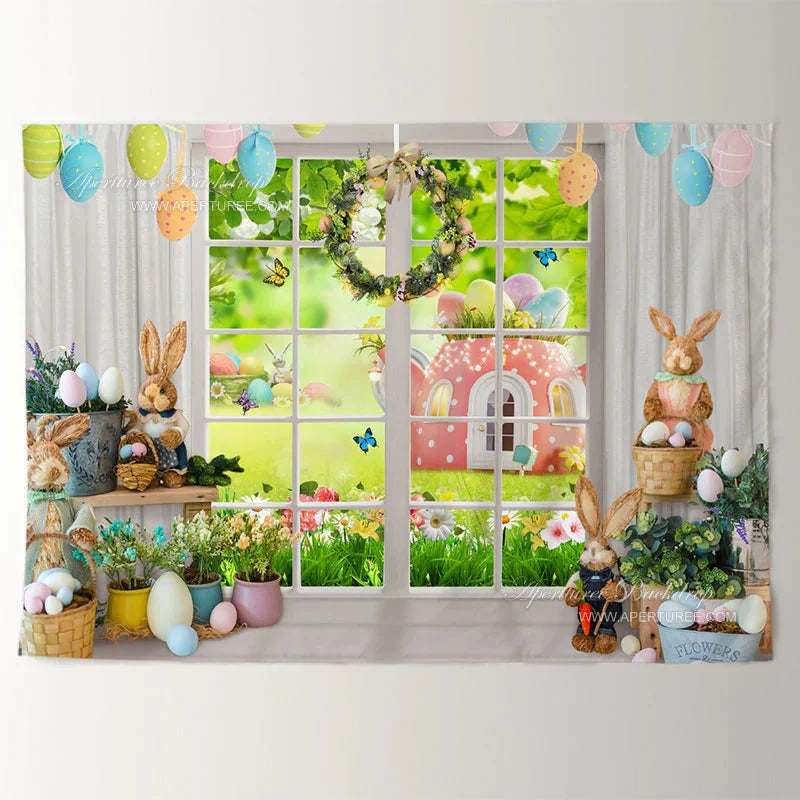 Aperturee - White Window Teapot Bunny Eggs Easter Backdrop