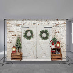 Aperturee - White Wood Door Brick Wall Xmas Scene Backdrop