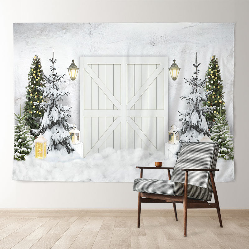 Aperturee - White Wood Gate Door Snow Tree Winter Scene Backdrop