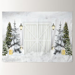 Aperturee - White Wood Gate Door Snow Tree Winter Scene Backdrop