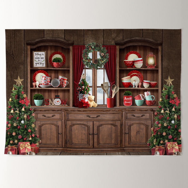 Aperturee - Wood Carbinet Tree Family Deco Christmas Backdrop