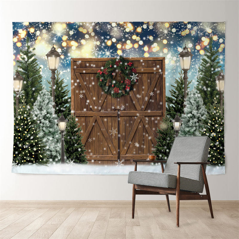 Aperturee - Wood Door Pine Tree Snowy Lights Xmas Backdrop