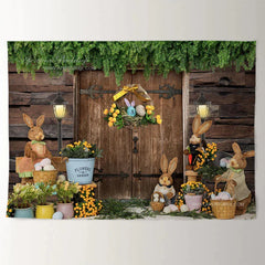 Aperturee - Wooden House Bunny Floral Happy Easter Backdrop