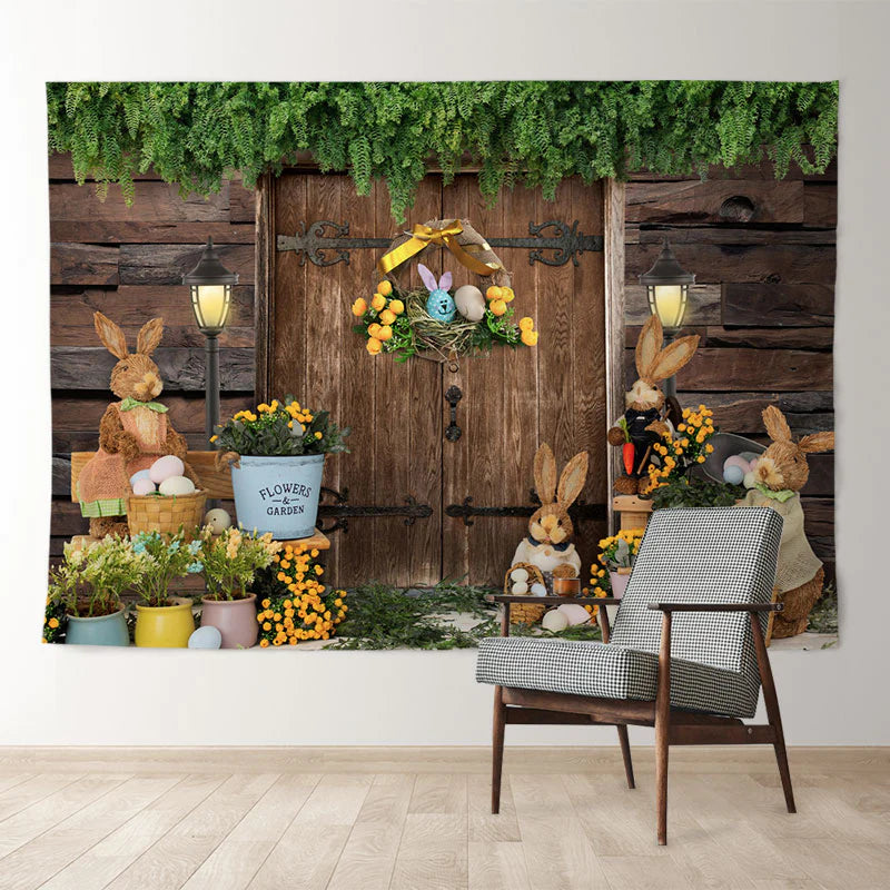 Aperturee Wooden House Bunny Floral Happy Easter Backdrop