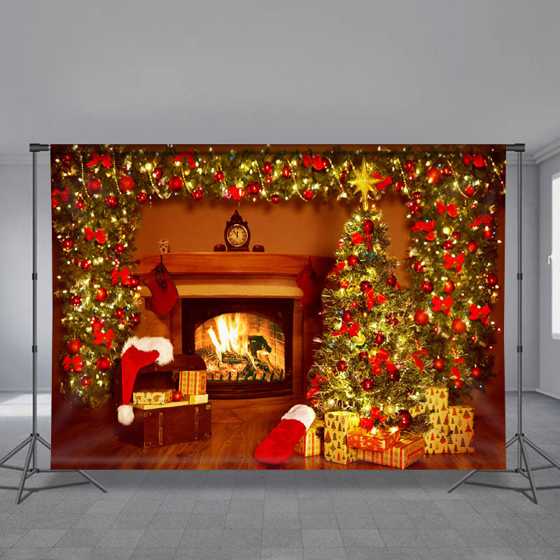 Aperturee - Xmas Tree Fireplace Light Family Photo Backdrop